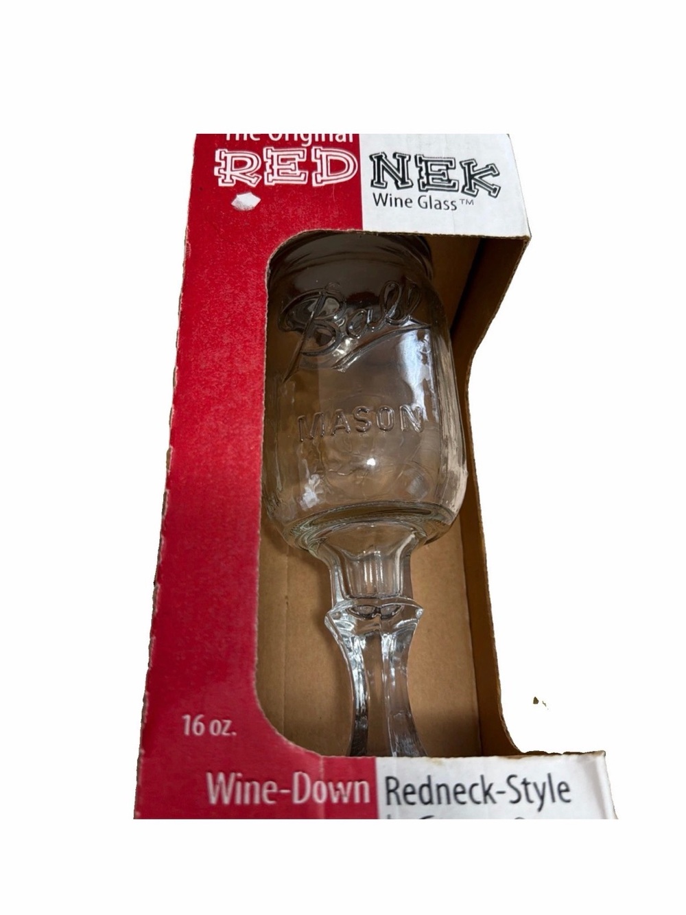 Red Neck Wine Glass, Clear Ball Mason Jar Wine Glass - 16 oz